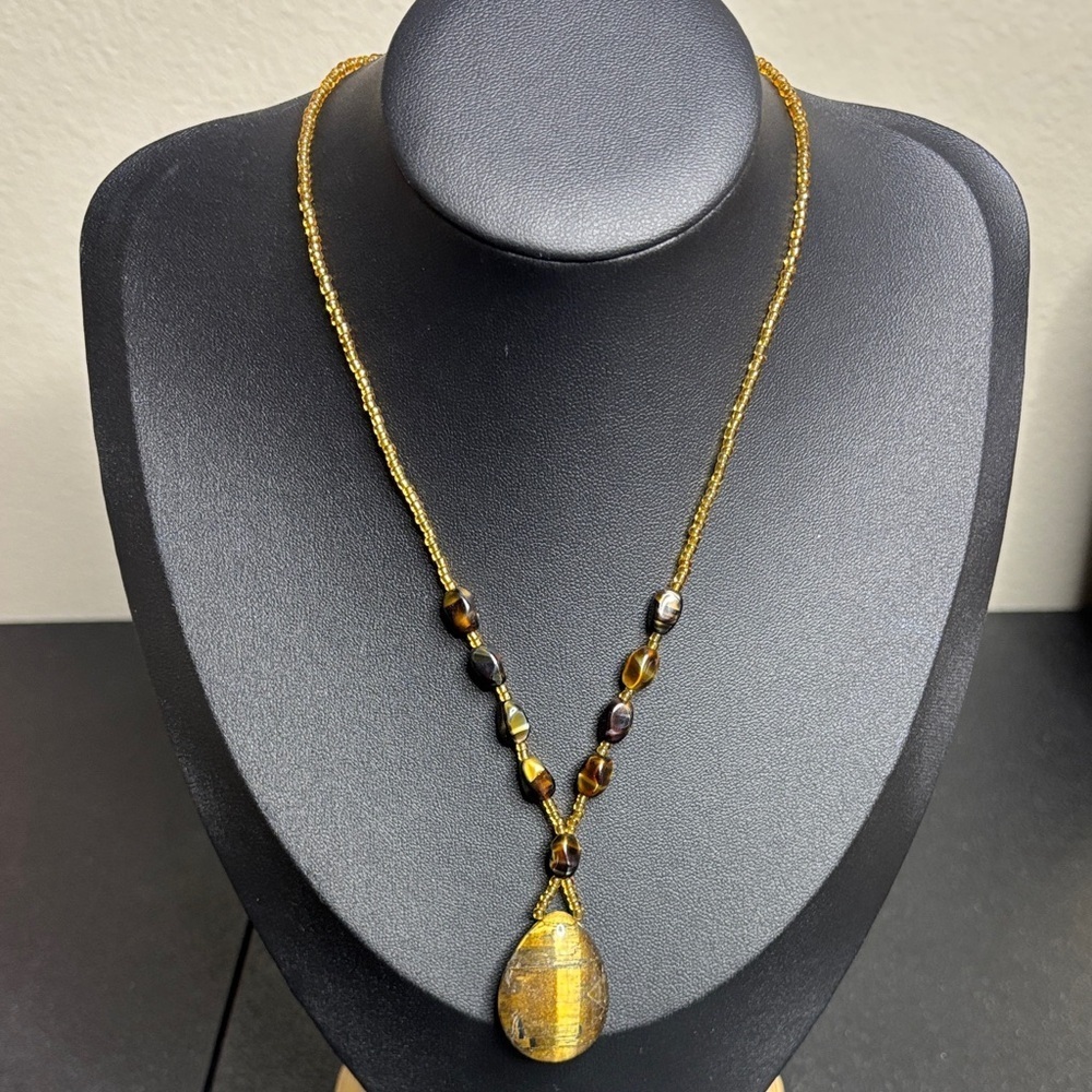 Elegant Cat Eye Tigers Eye Glass Seed Bead Artisan Gold Beaded Necklace